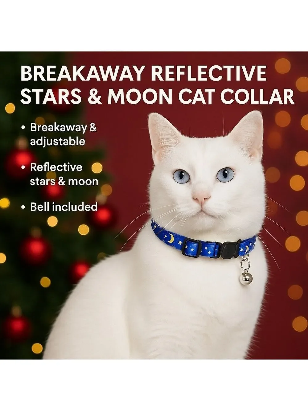 1- Cat Collar Stars and Moon, Reflective with Bell, Solid & Safe , Nylon, Pet